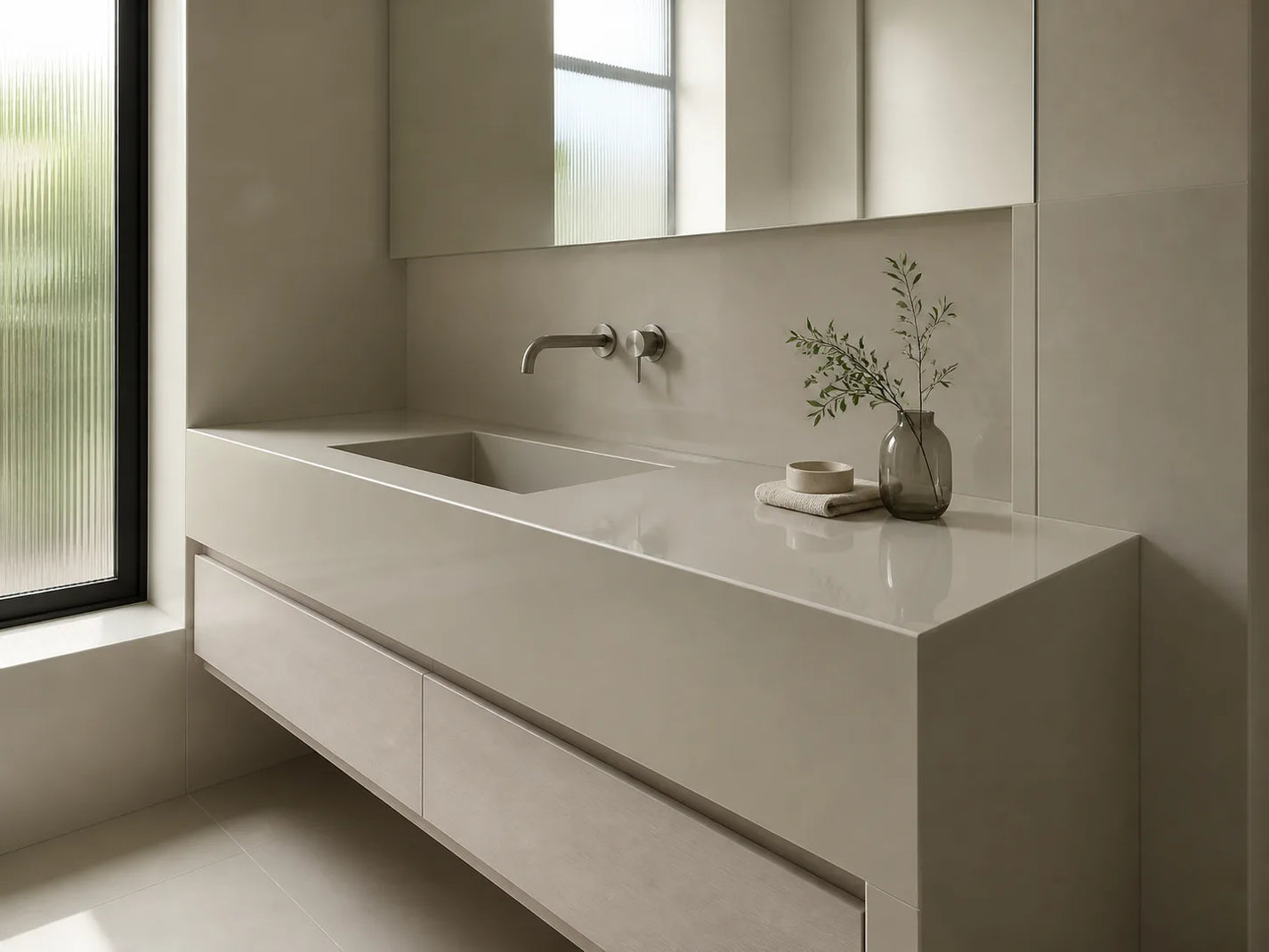 Soft Beige sintered stone used on a modern bathroom vanity and wall panels