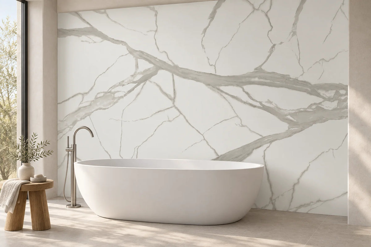 Super Snow White sintered stone wall with broad pale grey veins behind a freestanding bathtub