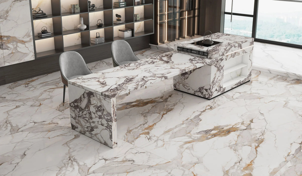 Top Fish Maw Gold white grey and gold sintered stone flooring and left wall in a dining room