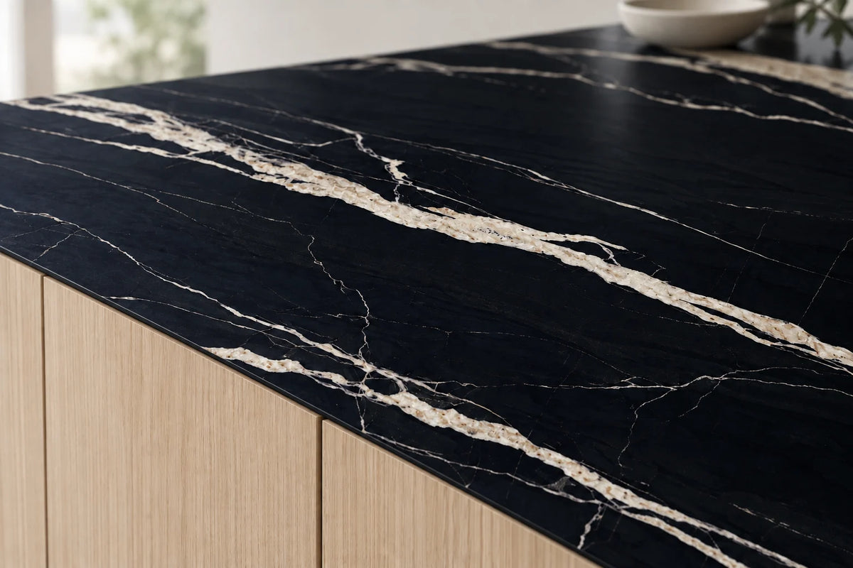 Top-Level Black Marquina sintered stone countertop with a slim 12 mm exposed edge