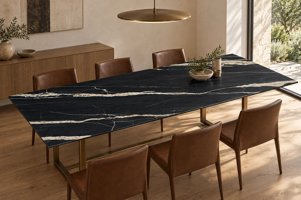 Top-Level Black Marquina sintered stone dining table with broad ivory veins