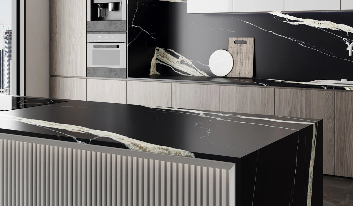 Top-Level Black Marquina island and splashback in the catalogue kitchen
