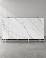 Waterfall white marble-look sintered stone slab with pale grey veins on a complete A-frame