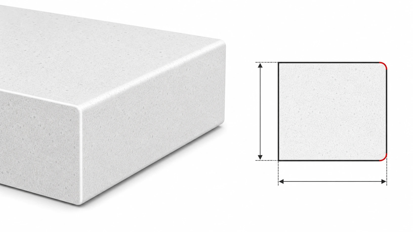Pencil sintered stone countertop edge with a small rounded corner and matching cross-section diagram