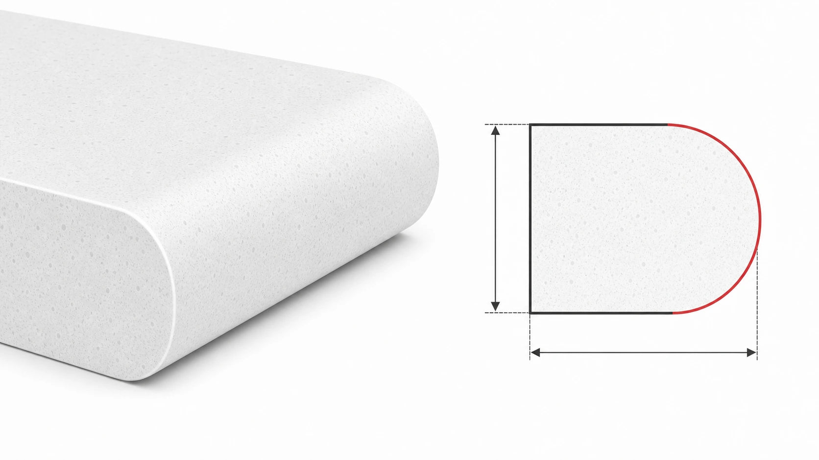 Full bullnose sintered stone countertop edge with a fully rounded front profile and matching cross-section diagram