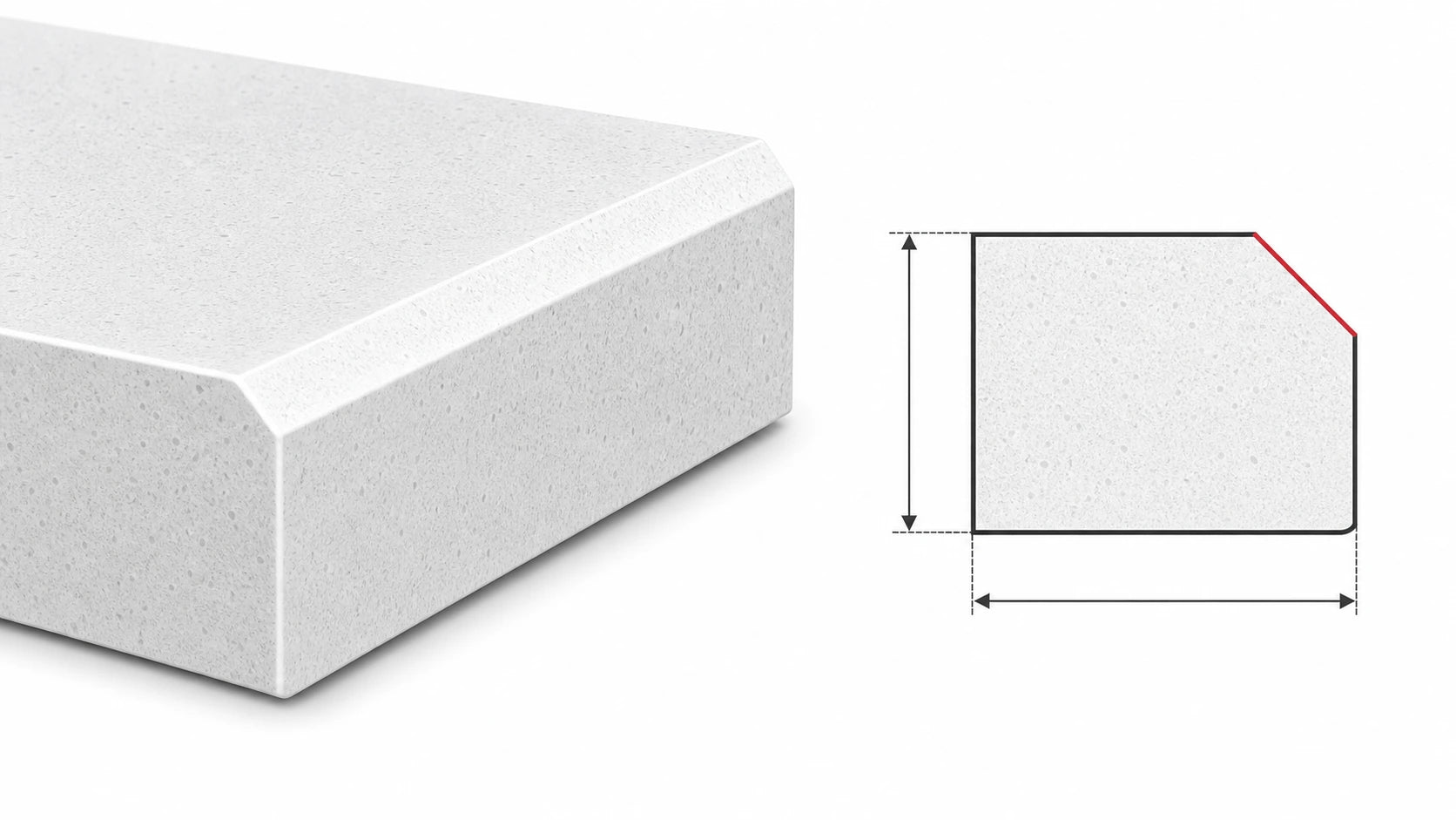 Beveled sintered stone countertop edge with an angled chamfer and matching cross-section diagram