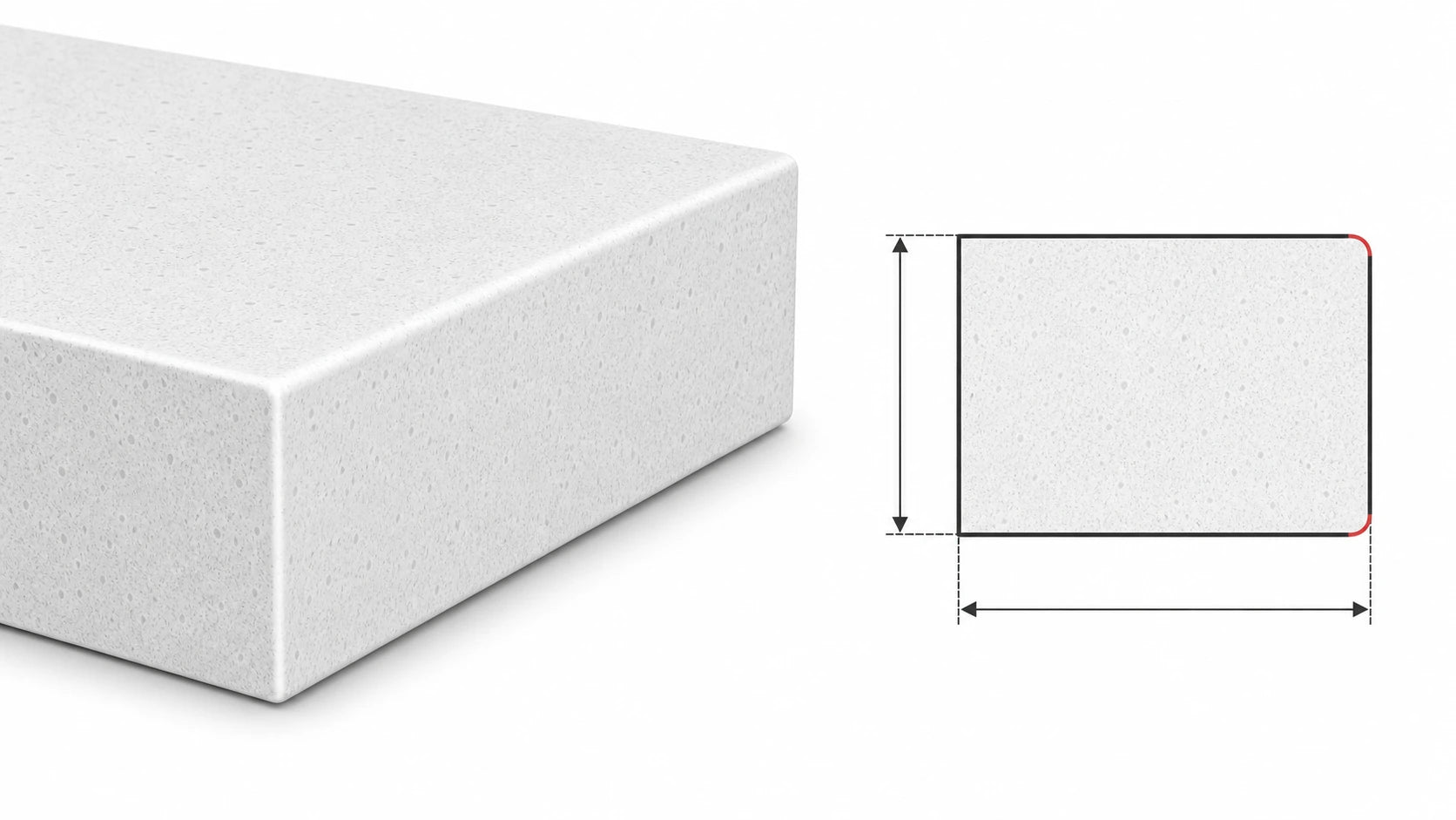 Eased sintered stone countertop edge with a lightly softened square profile and matching cross-section diagram