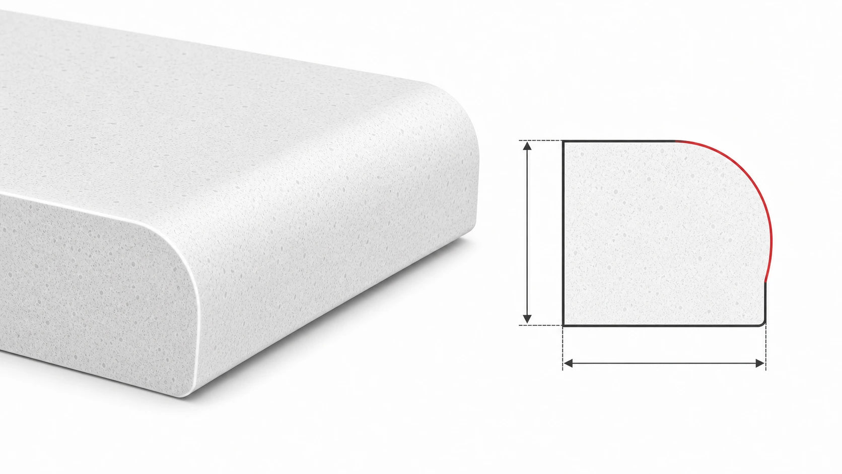 Demi bullnose sintered stone countertop edge with a medium rounded profile and matching cross-section diagram