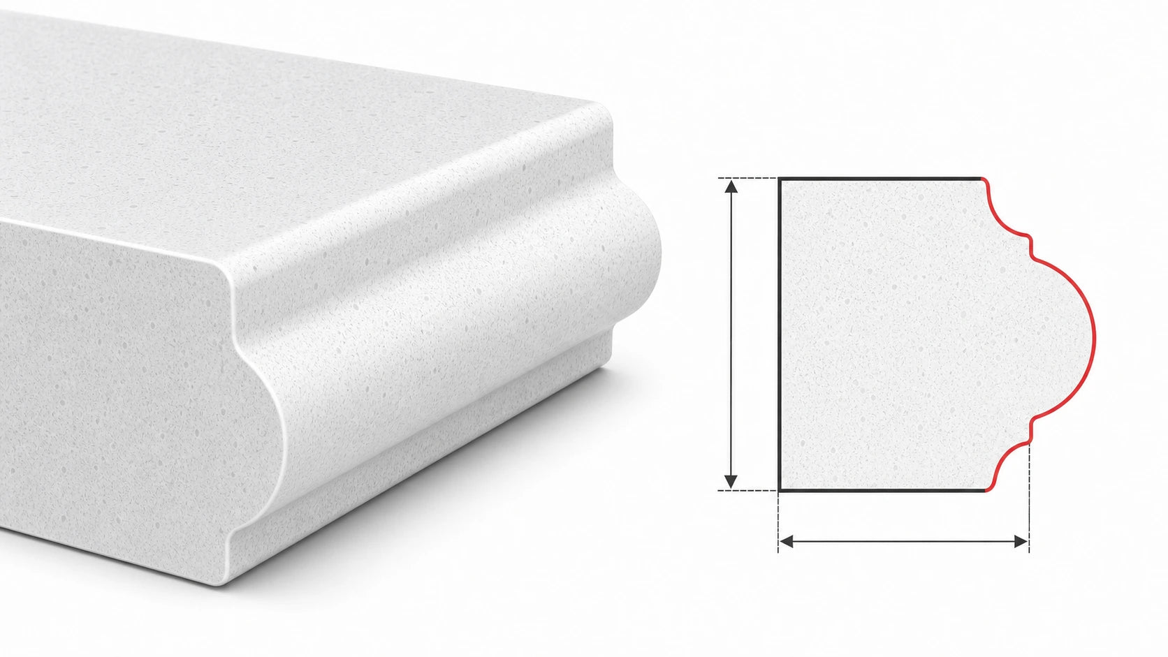 Large ogee sintered stone countertop edge with a deep decorative S-curve and matching cross-section diagram