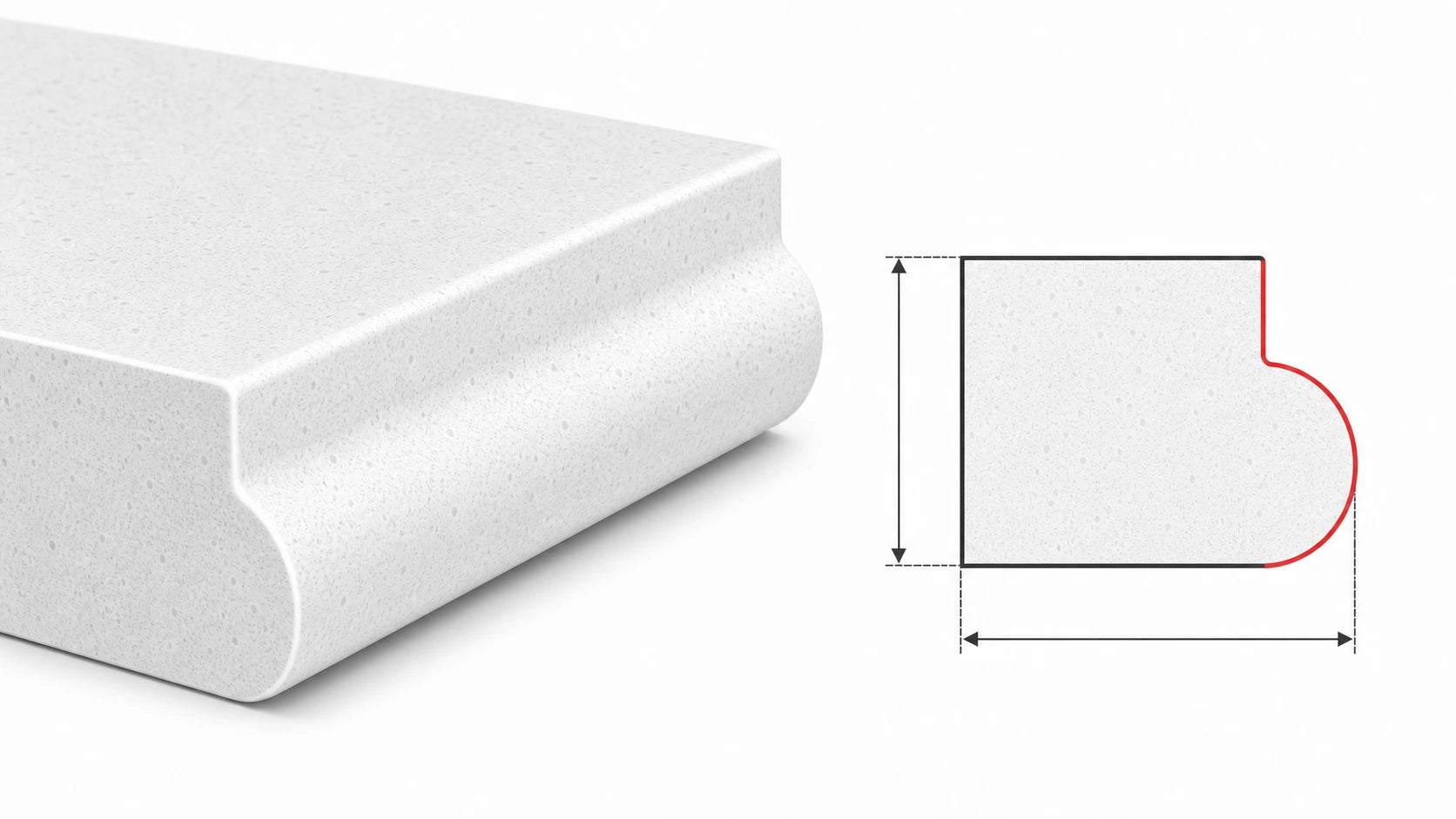 Dupont sintered stone countertop edge with a stepped decorative profile and matching cross-section diagram