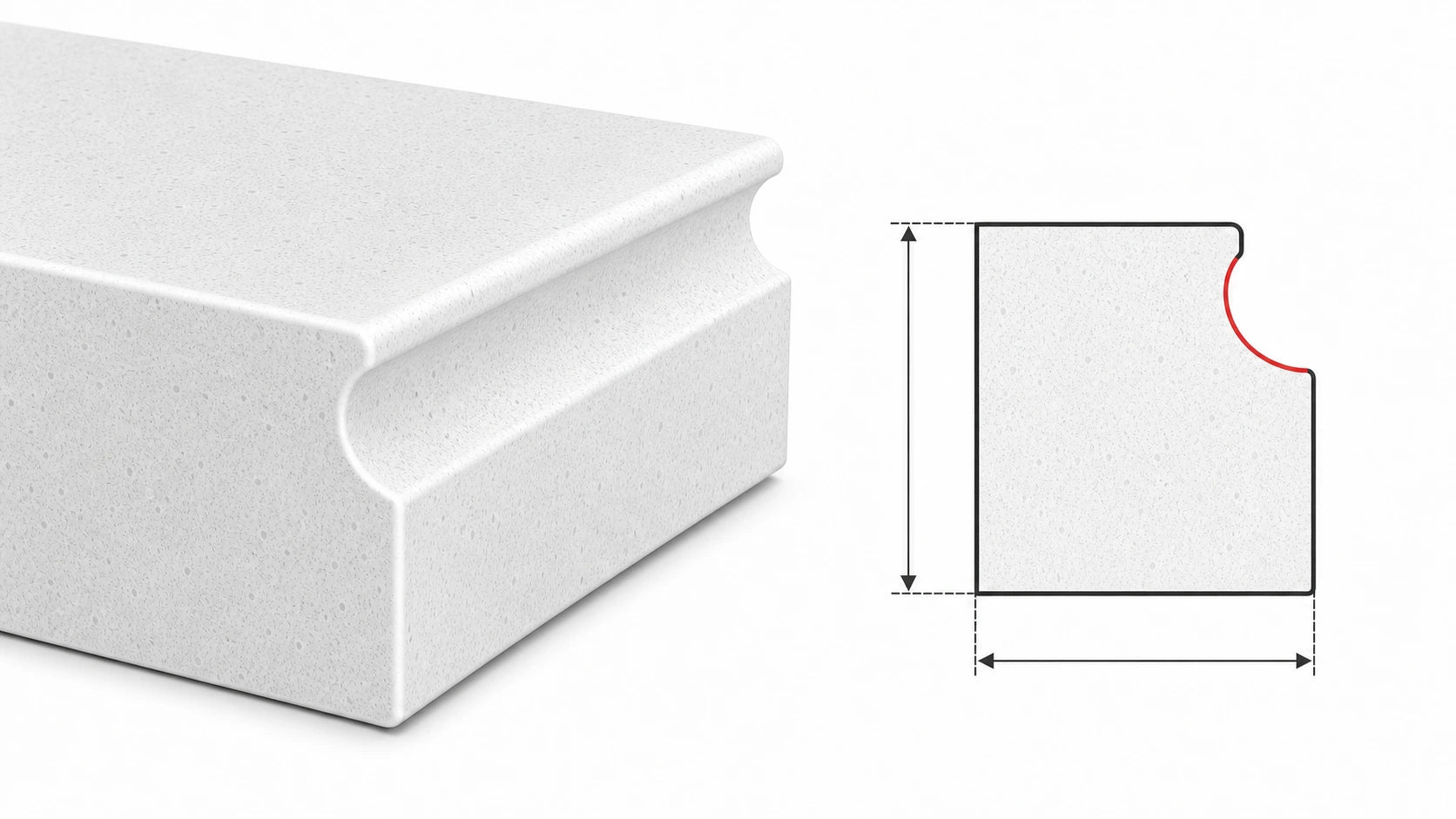 Cove sintered stone countertop edge with a concave shadow-line profile and matching cross-section diagram
