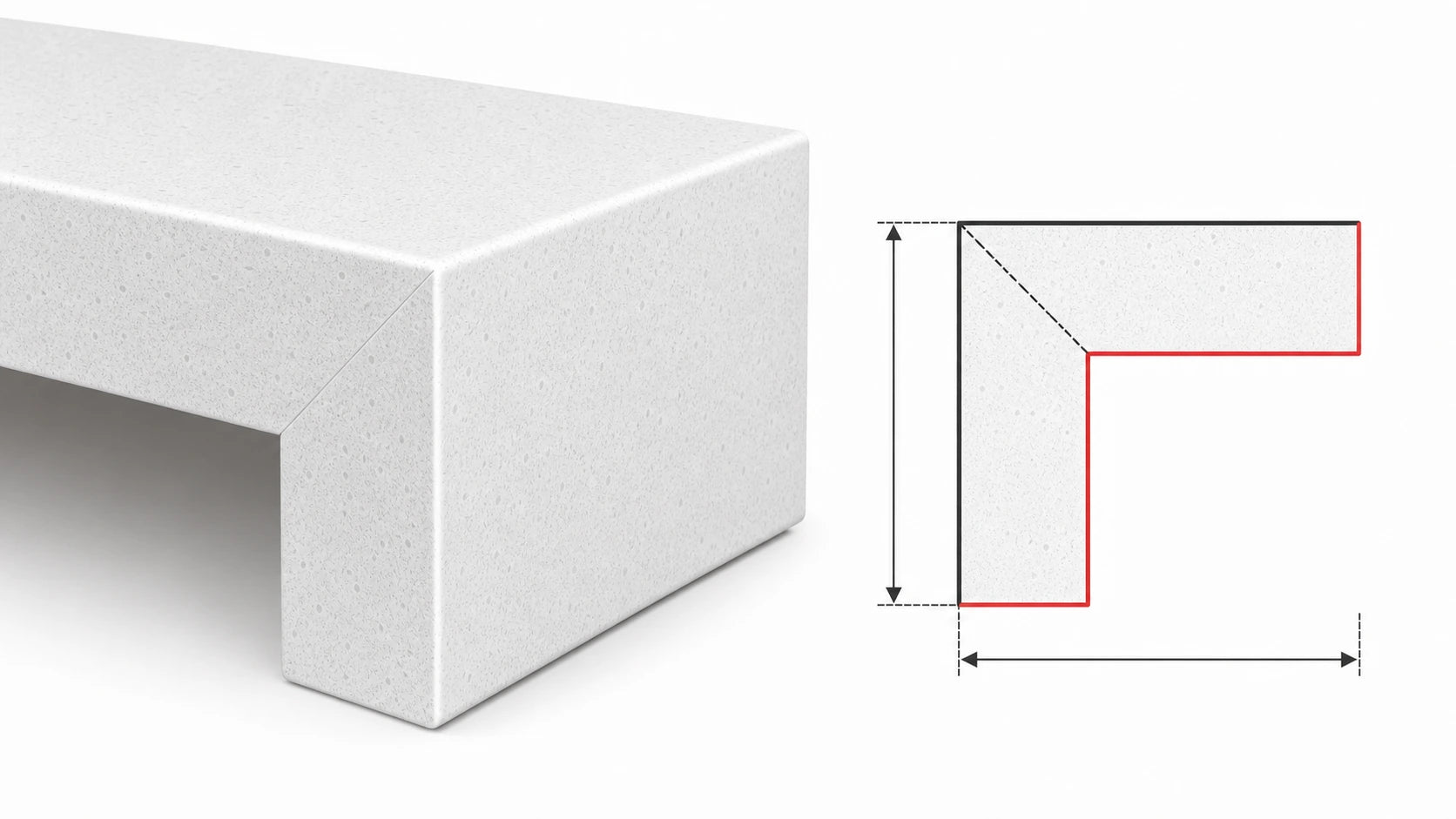 Mitered sintered stone countertop edge showing a thick built-up profile and matching cross-section diagram