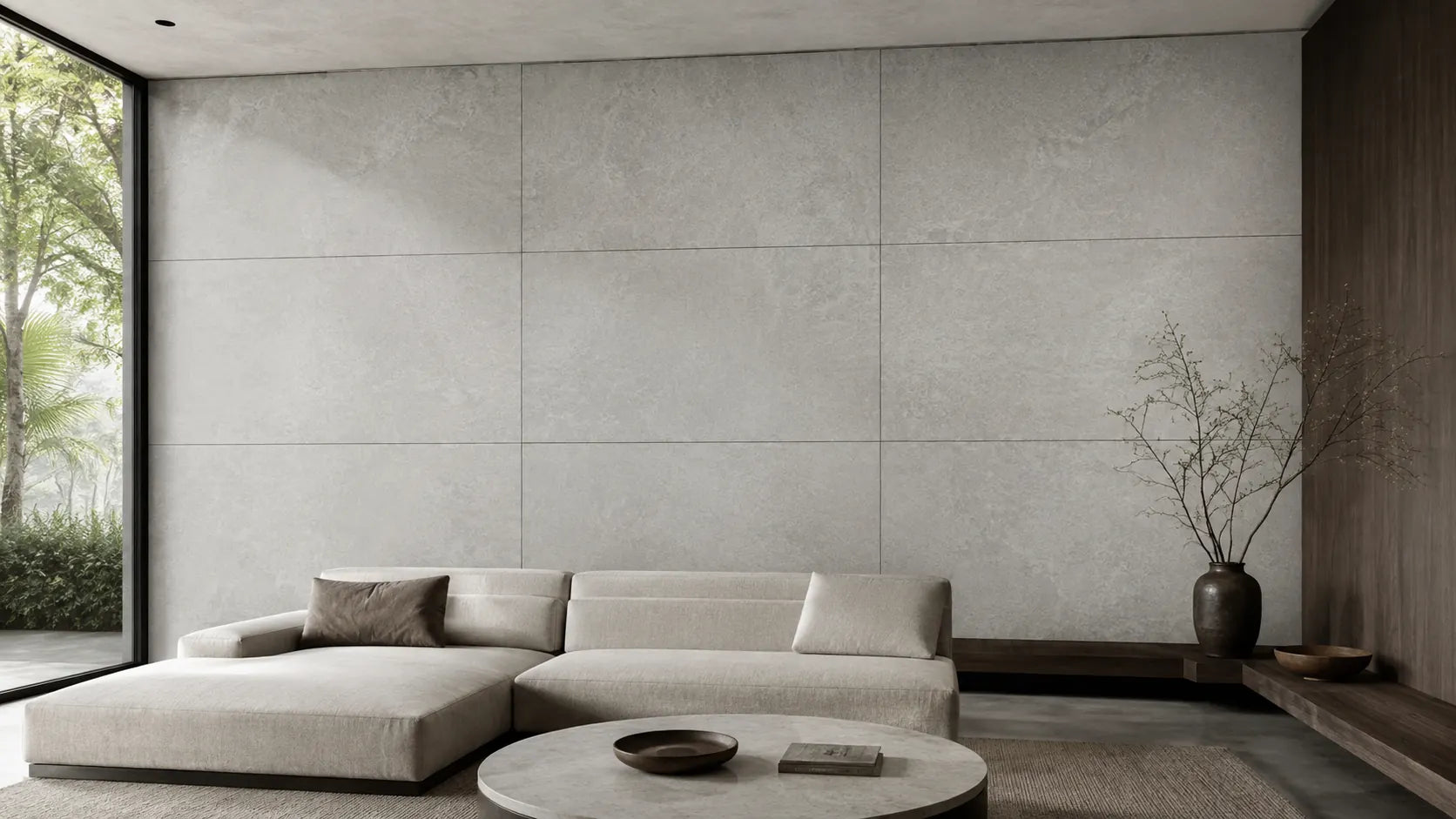 Light grey concrete-look sintered stone wall cladding in a contemporary living room