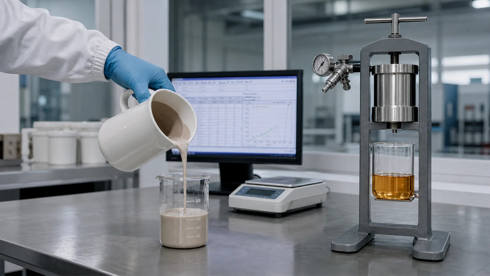 Technicians sampling and testing mineral slurry during production