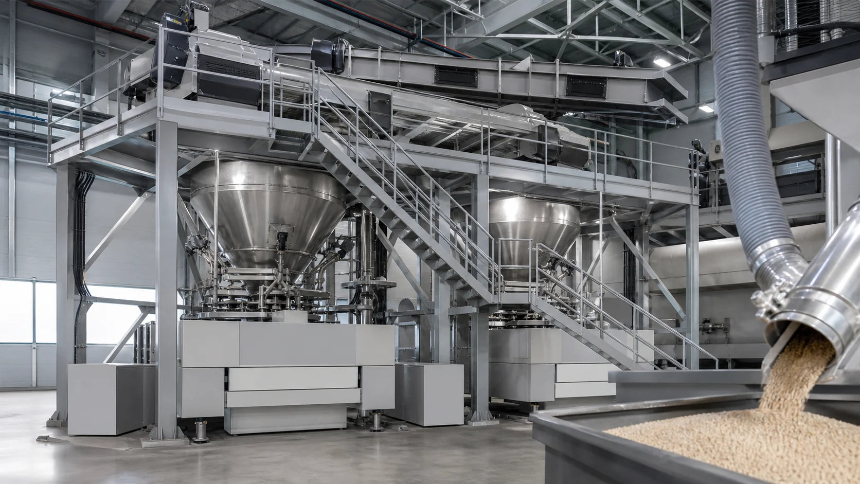 Mineral granules resting in storage silos before slab forming