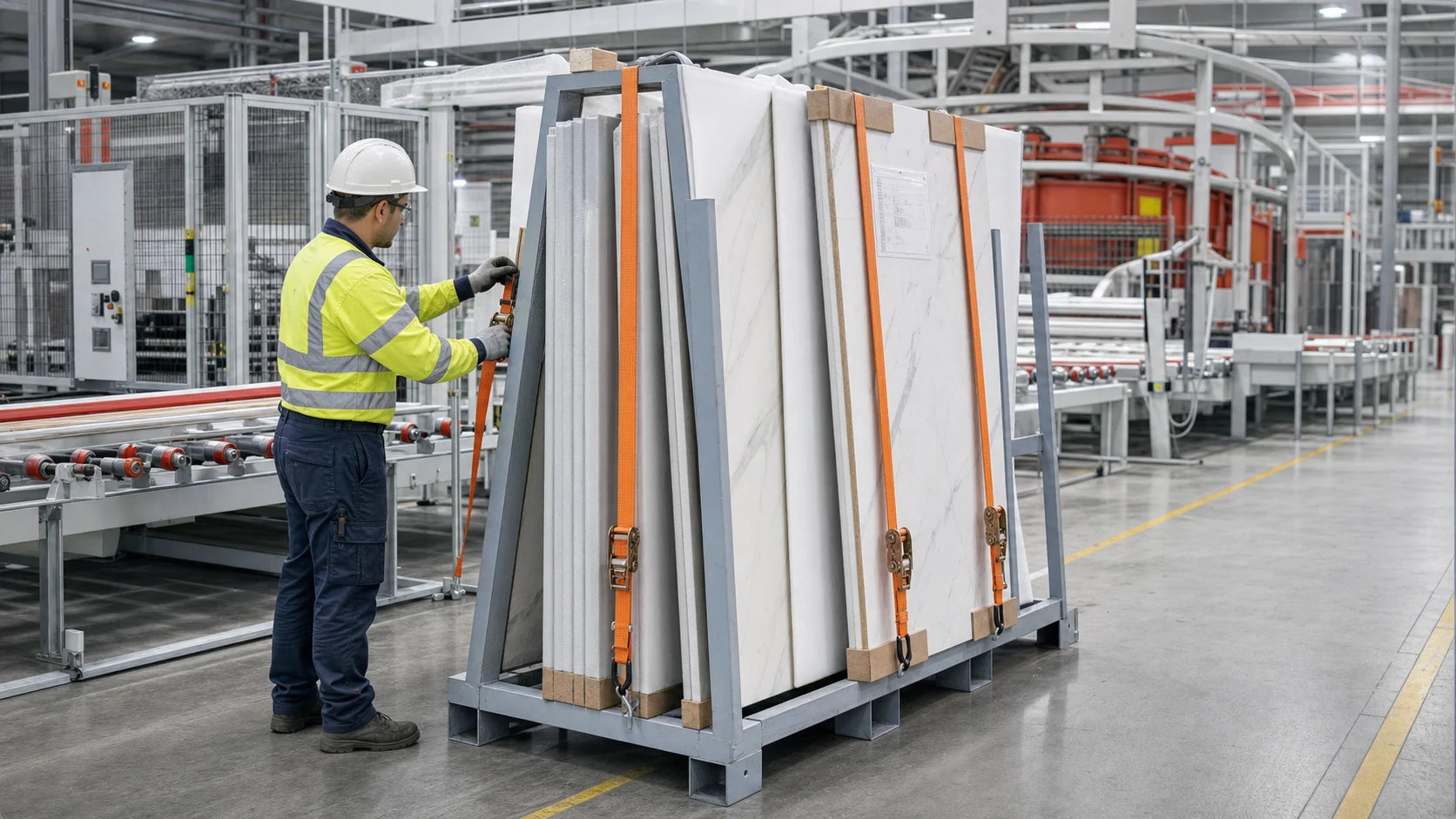 Finished sintered stone slabs protected and secured in export packaging