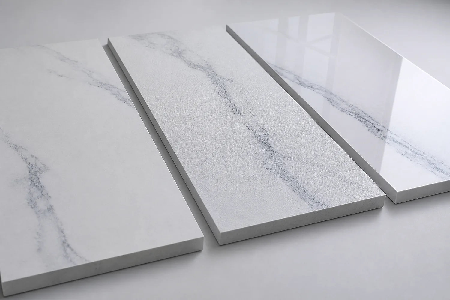 Matte, textured and polished sintered stone finish samples