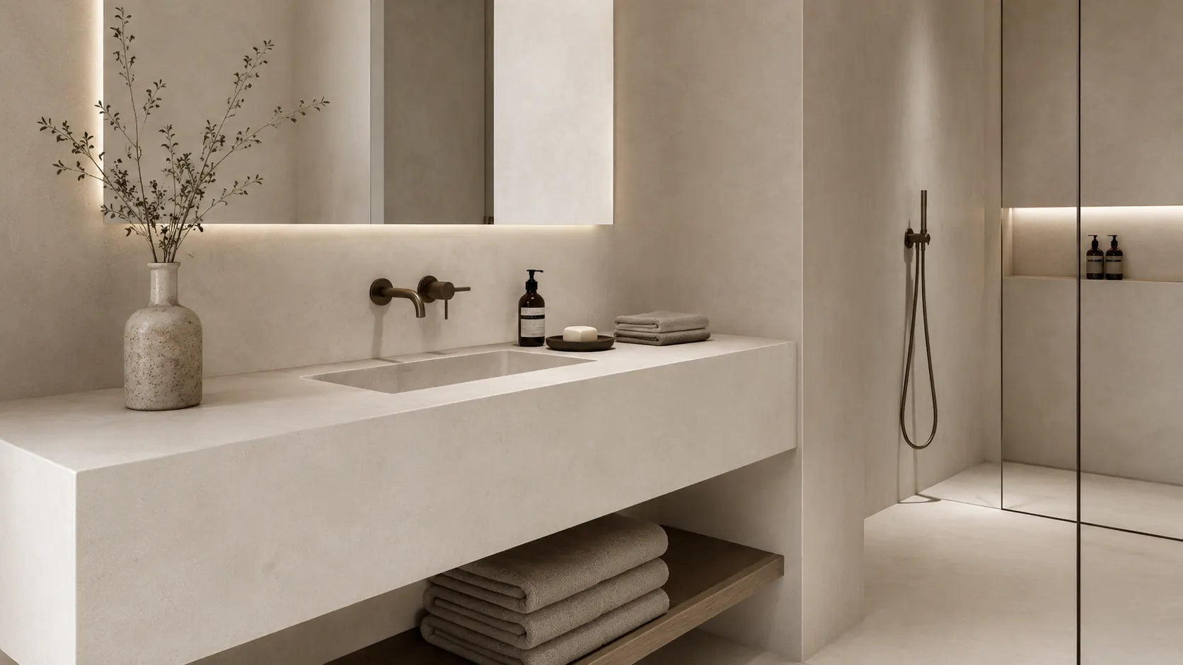 Beige microcement-look sintered stone bathroom walls and vanity counter